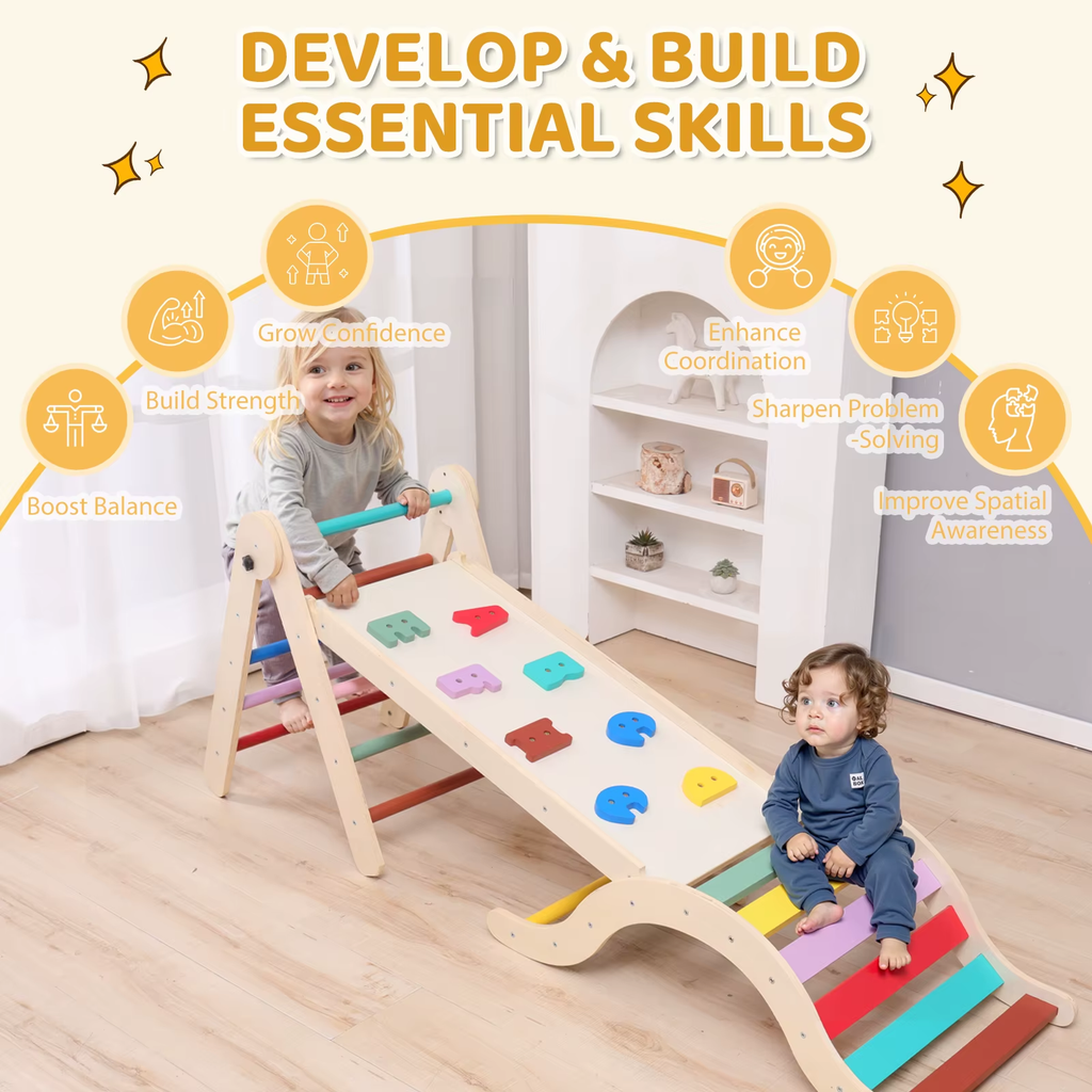 SEDOL 7-in-1 Montessori Wooden Climbing Frame Foldable Indoor Play Gym with Slide and Adjustable Arch Toddler Activity Center for Motor Skills and Balance