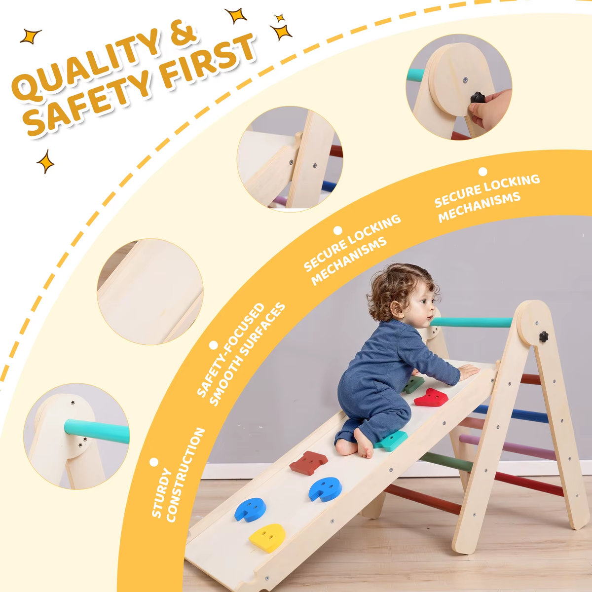 SEDOL 7-in-1 Montessori Wooden Climbing Frame Foldable Indoor Play Gym with Slide and Adjustable Arch Toddler Activity Center for Motor Skills and Balance