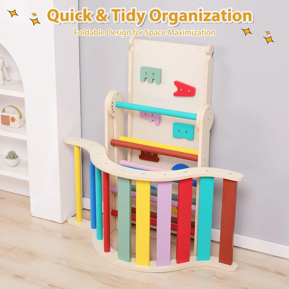 SEDOL 7-in-1 Montessori Wooden Climbing Frame Foldable Indoor Play Gym with Slide and Adjustable Arch Toddler Activity Center for Motor Skills and Balance