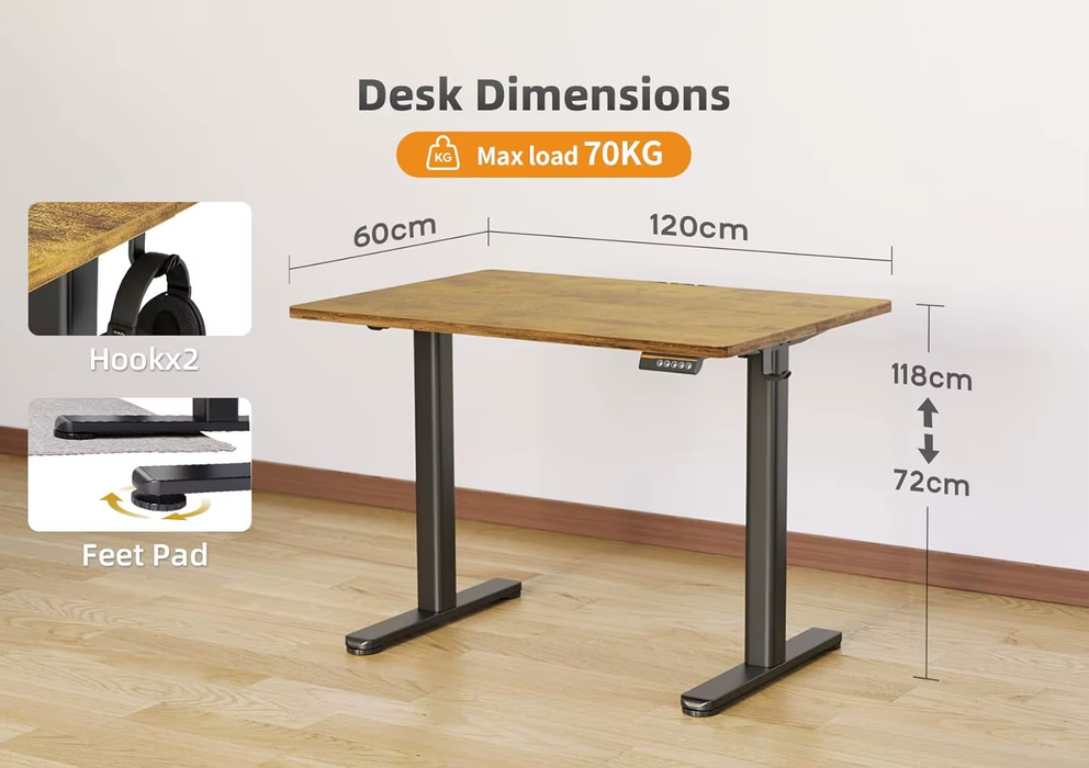 SEDOL Electric Standing Desk 120x60cm Height Adjustable Sit-to-Stand Computer Desk with Smart Memory Presets and Accessory Hooks Home Office Ergonomic Workstation