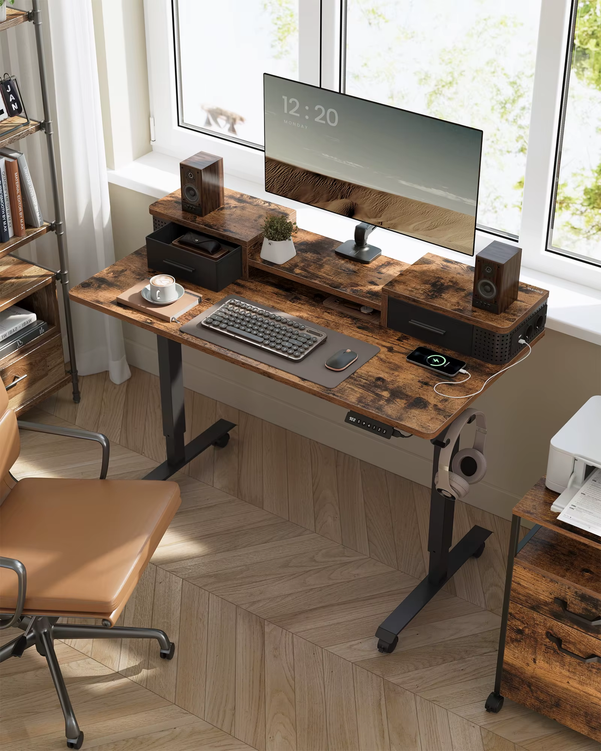 SEDOL Electric Standing Desk with Integrated Power Station 120x60cm Height Adjustable Sit-to-Stand Desk with 3 Memory Presets Drawers and LED Light Strip