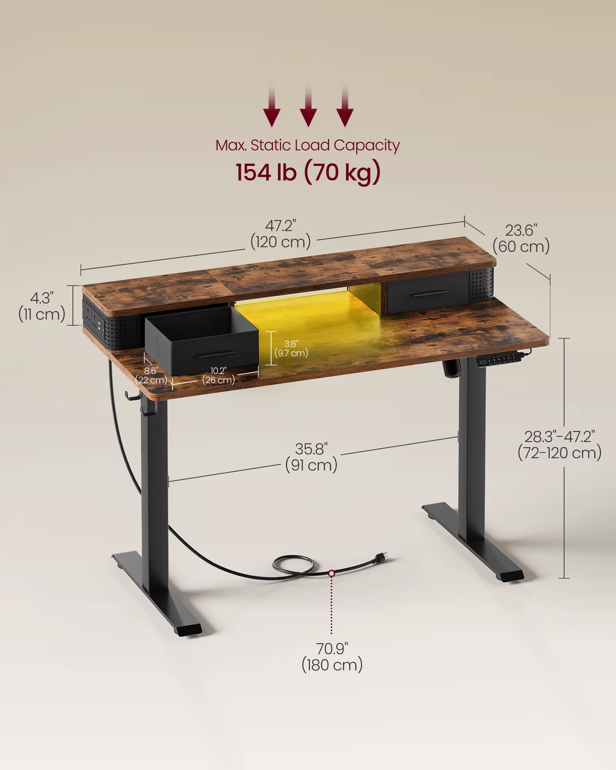SEDOL Electric Standing Desk with Integrated Power Station 120x60cm Height Adjustable Sit-to-Stand Desk with 3 Memory Presets Drawers and LED Light Strip