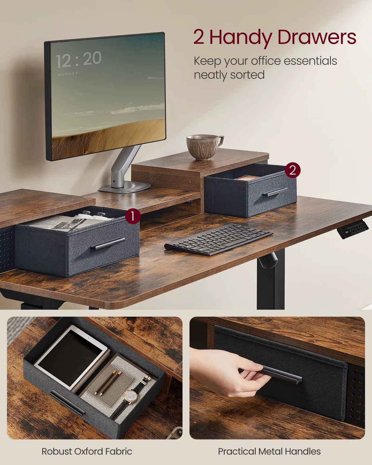 SEDOL Electric Standing Desk with Integrated Power Station 120x60cm Height Adjustable Sit-to-Stand Desk with 3 Memory Presets Drawers and LED Light Strip