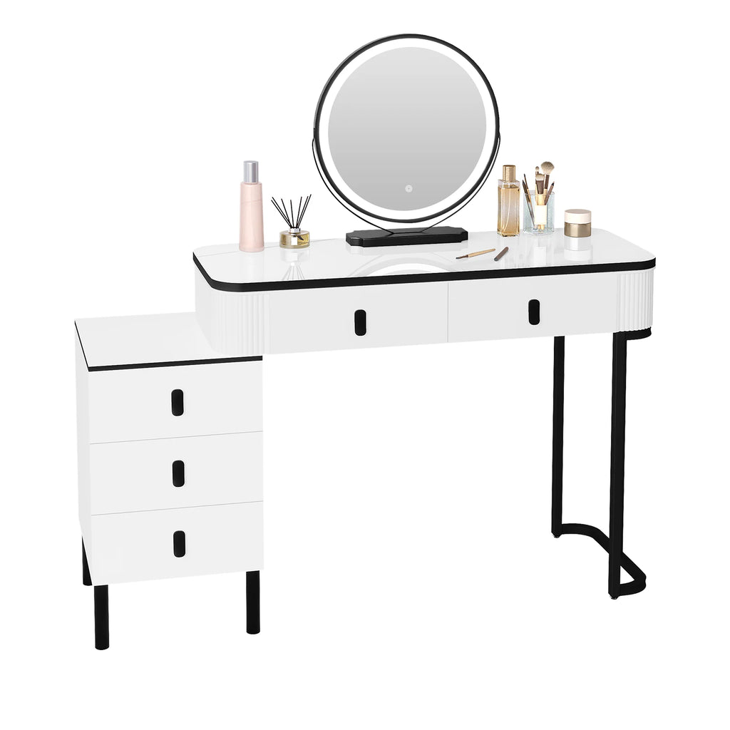 SEDOL Dressing Table with LED Lighted Mirror and Stool Set Modern Vanity Makeup Desk with 5 Drawers Flexible Assembly Bedroom Cosmetic Station White and Black