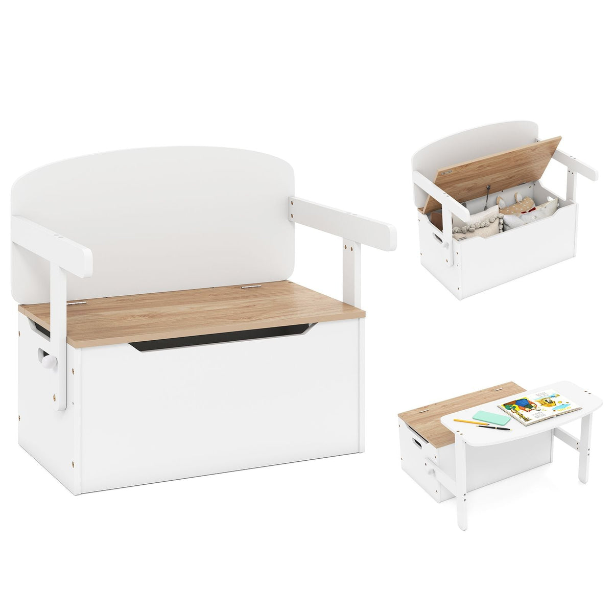 SEDOL 3-in-1 Kids Convertible Activity Table & Chair Set | Wooden Toy Storage Chest & Seating Bench | No-Pinch Pneumatic Safety Lid | Montessori-Inspired 2-in-1 Desk for Ages 3–7