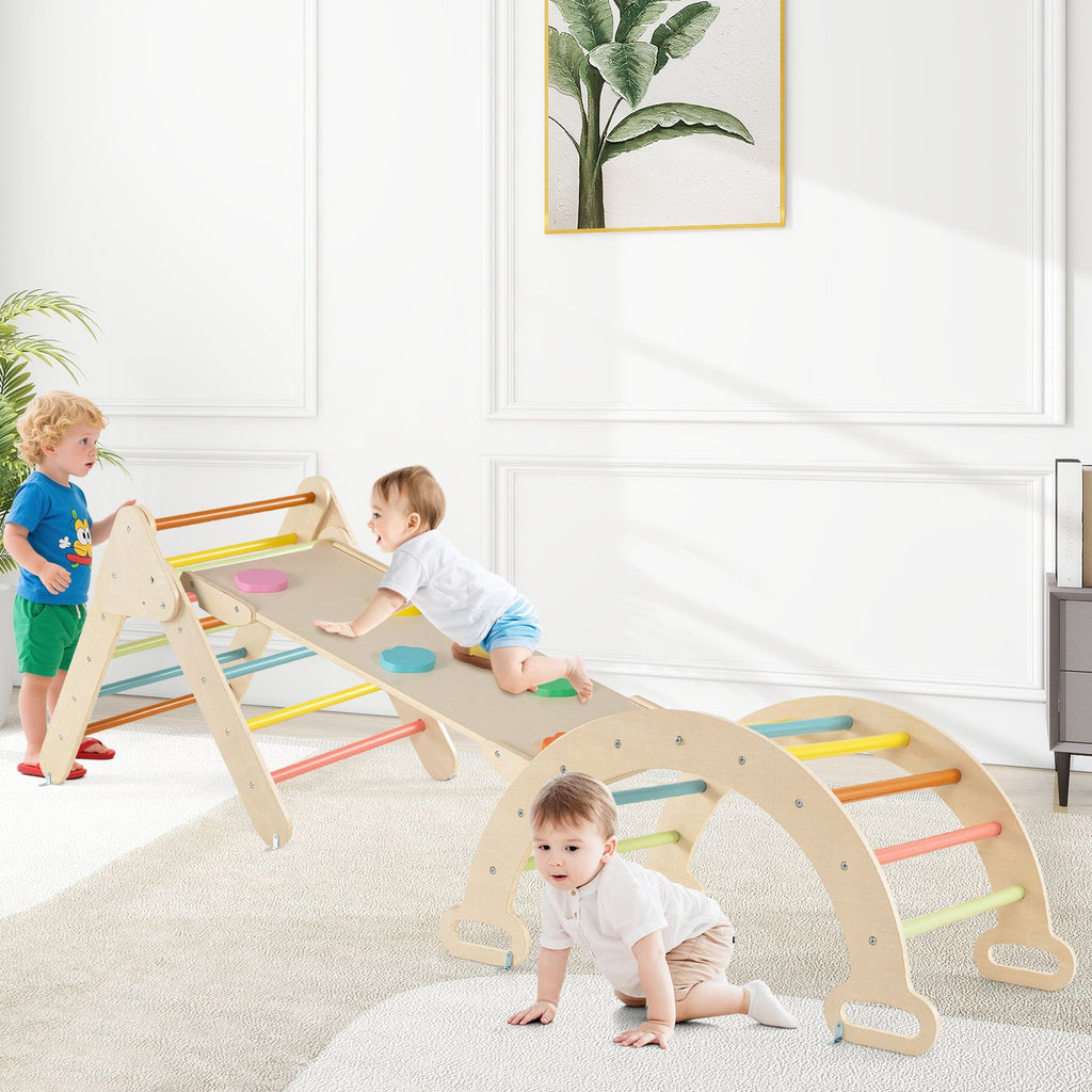 SEDOL 5-in-1 Montessori Triangle Climbing Set | Solid Beech Wood Indoor Gym with Climbing Arch, Rocker, and Double-Sided Slide Ramp | ASTM Certified Toddler Activity Playset for Ages 1+