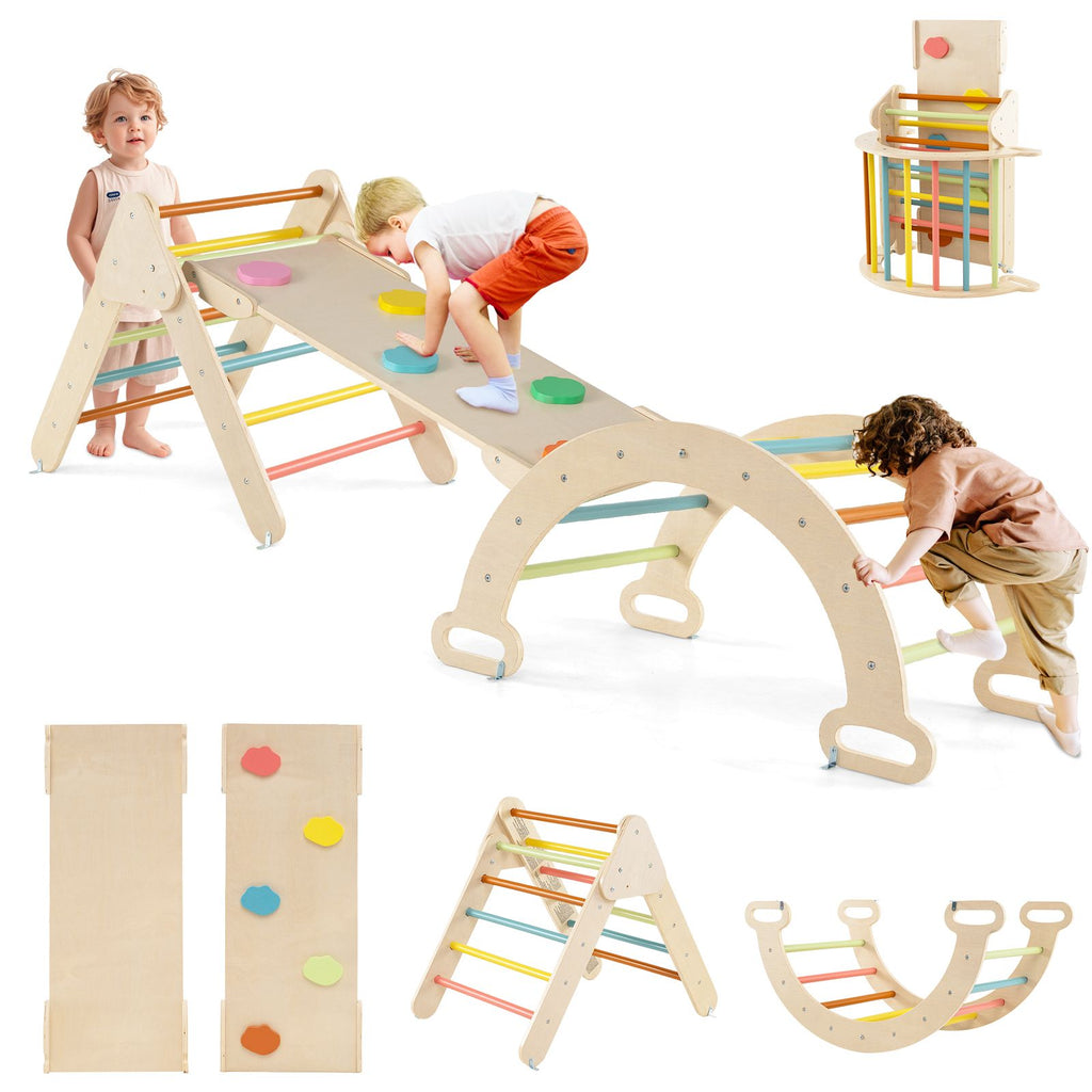 SEDOL 5-in-1 Montessori Triangle Climbing Set | Solid Beech Wood Indoor Gym with Climbing Arch, Rocker, and Double-Sided Slide Ramp | ASTM Certified Toddler Activity Playset for Ages 1+