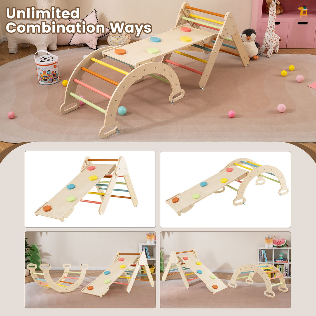 SEDOL 5-in-1 Montessori Triangle Climbing Set | Solid Beech Wood Indoor Gym with Climbing Arch, Rocker, and Double-Sided Slide Ramp | ASTM Certified Toddler Activity Playset for Ages 1+