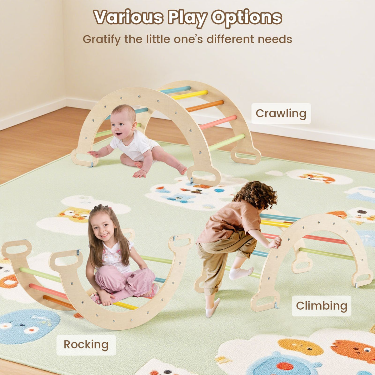 SEDOL 5-in-1 Montessori Triangle Climbing Set | Solid Beech Wood Indoor Gym with Climbing Arch, Rocker, and Double-Sided Slide Ramp | ASTM Certified Toddler Activity Playset for Ages 1+