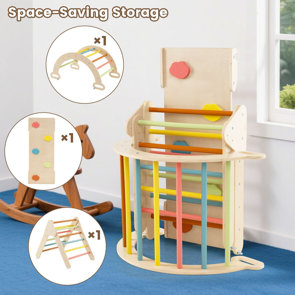 SEDOL 5-in-1 Montessori Triangle Climbing Set | Solid Beech Wood Indoor Gym with Climbing Arch, Rocker, and Double-Sided Slide Ramp | ASTM Certified Toddler Activity Playset for Ages 1+