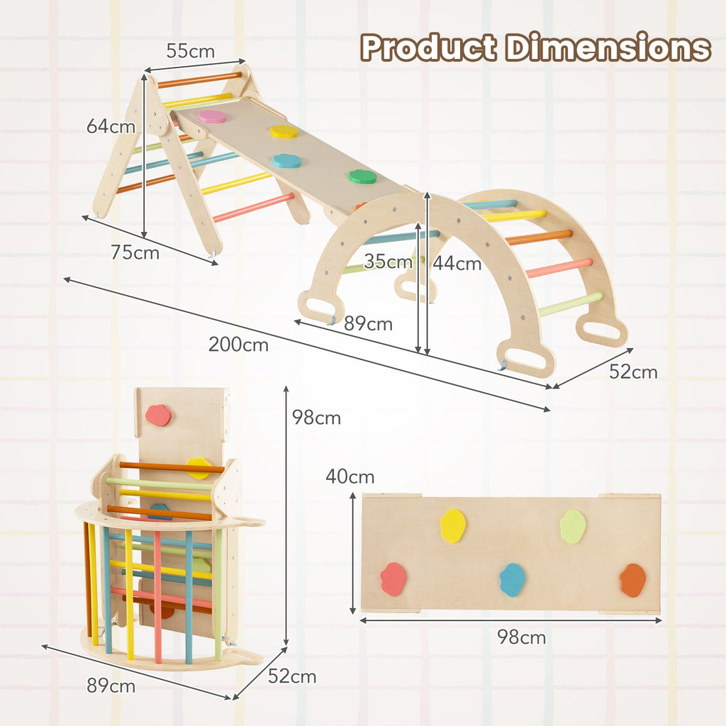 SEDOL 5-in-1 Montessori Triangle Climbing Set | Solid Beech Wood Indoor Gym with Climbing Arch, Rocker, and Double-Sided Slide Ramp | ASTM Certified Toddler Activity Playset for Ages 1+