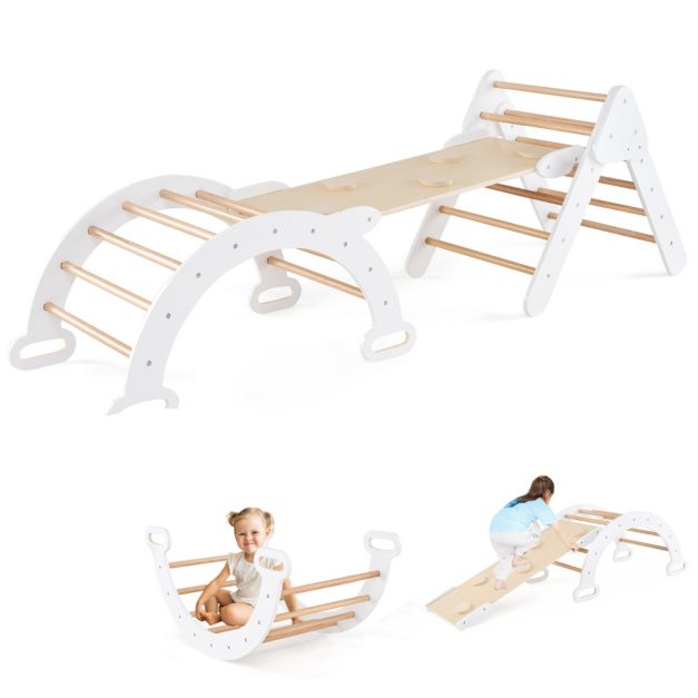 SEDOL 5-in-1 Montessori Triangle Climbing Set | Solid Beech Wood Indoor Gym with Climbing Arch, Rocker, and Double-Sided Slide Ramp | ASTM Certified Toddler Activity Playset for Ages 1+