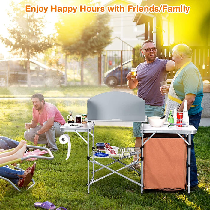 Camping Kitchen Table with Storage & Windscreen – Folding BBQ & Prep Station