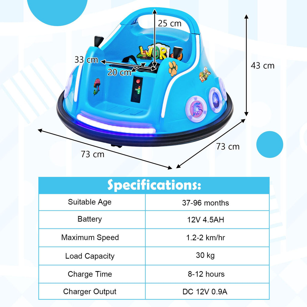 SEDOL 12V High-Performance Kids Bumper Car with 360° Rotation Parental Remote Control Wireless Bluetooth Audio and LED Light Show – 30kg Capacity