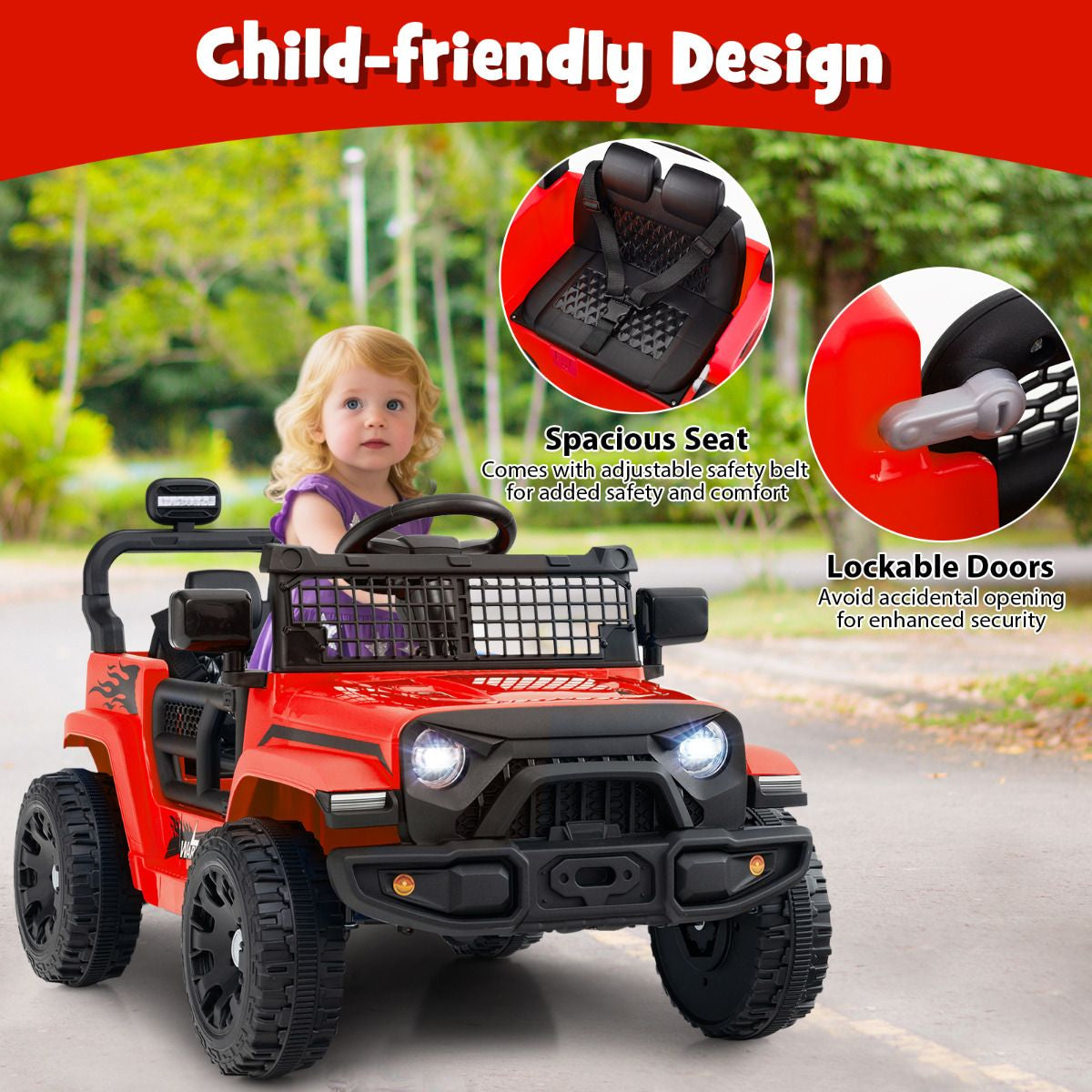 SEDOL 12V Electric Ride-On Truck for Kids with Parental Remote Control Dual 25W Motors All-Terrain Shock Absorbers LED Headlights and Soft-Start Safety System
