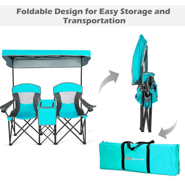 Double Folding Camping Chair with Canopy and Armrests