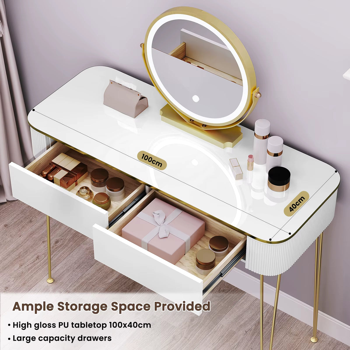 SEDOL White Dressing Table with Gold Metal Legs and LED Lighted Mirror Modern Vanity Desk with 2 Solid Wood Drawers Makeup Table for Elegant Bedroom Decor