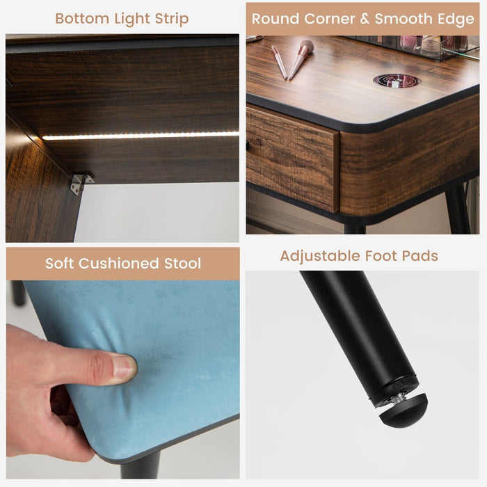 Vanity Table Set with 3-Color LED Lights Mirror and Charging Station
