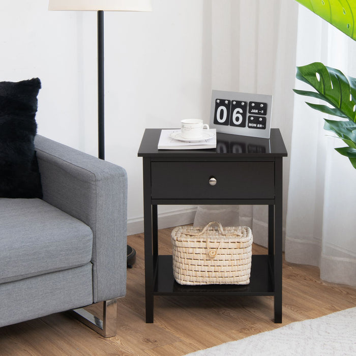 2 Pieces Wooden Nightstand with Drawer and Storage Shelf