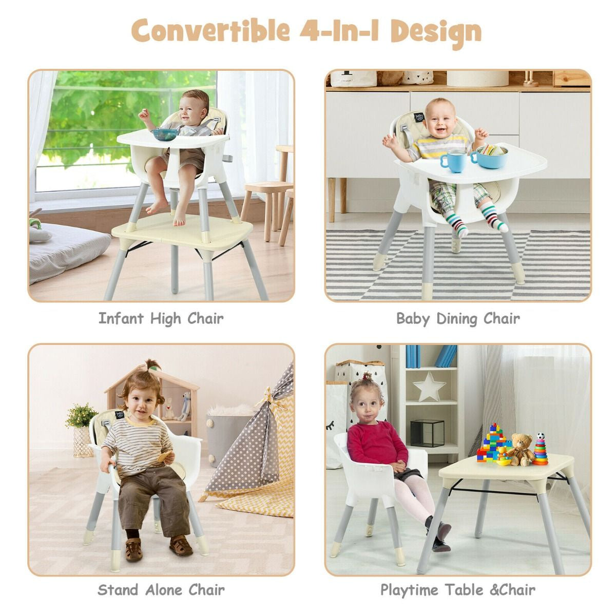 SEDOL 5-in-1 Convertible Baby High Chair & Independent Play Table Set with 5-Point Safety Harness 2-Position Removable Tray and Waterproof Easy-Clean Cushion