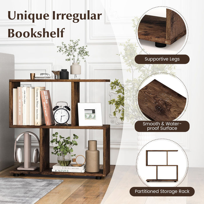 2-Tier Irregular Storage Shelf Wood Shelving Units with 4 Compartments