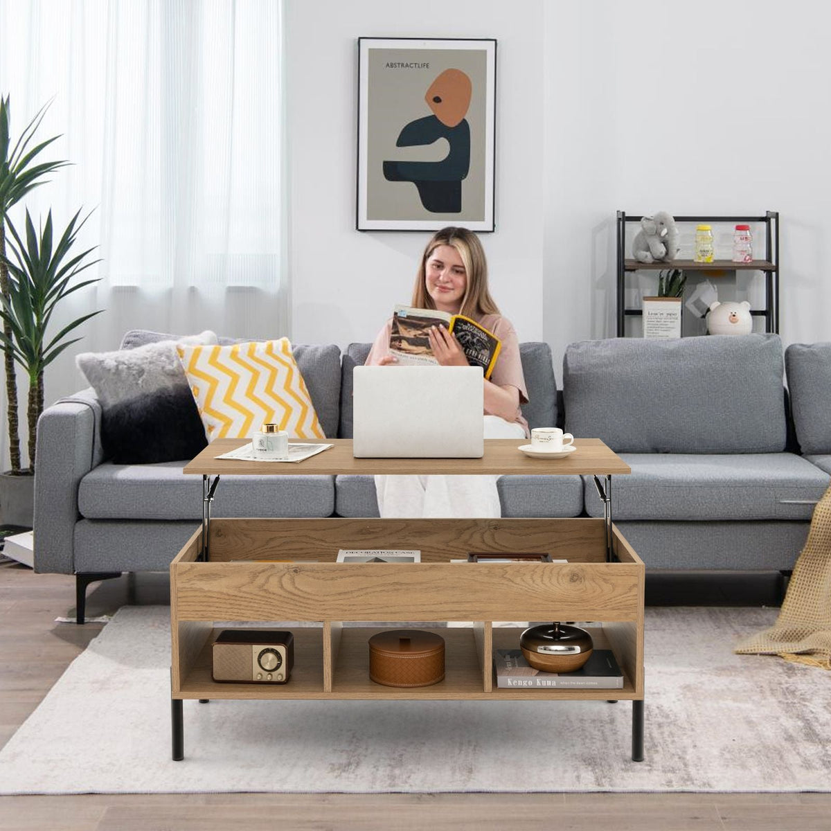 Lift Top Coffee Table with Large Hidden Compartment and 3 Open Cubbies