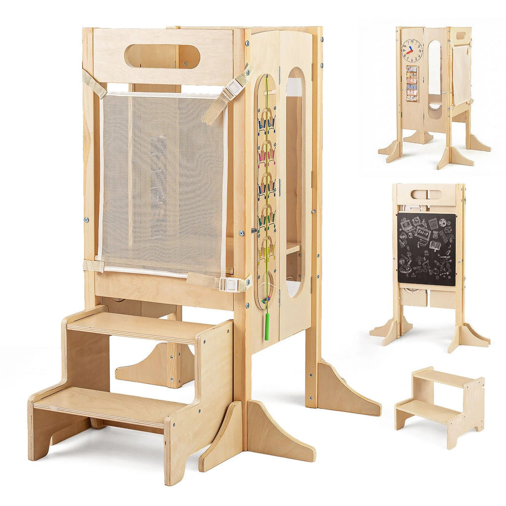 SEDOL 4-in-1 Folding Montessori Learning Tower & Sensory Activity Station — Convertible Kitchen Helper Stool with Art Easel, Step Stool, and Detachable Safety Net