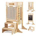 SEDOL 4-in-1 Folding Montessori Learning Tower & Sensory Activity Station — Convertible Kitchen Helper Stool with Art Easel, Step Stool, and Detachable Safety Net