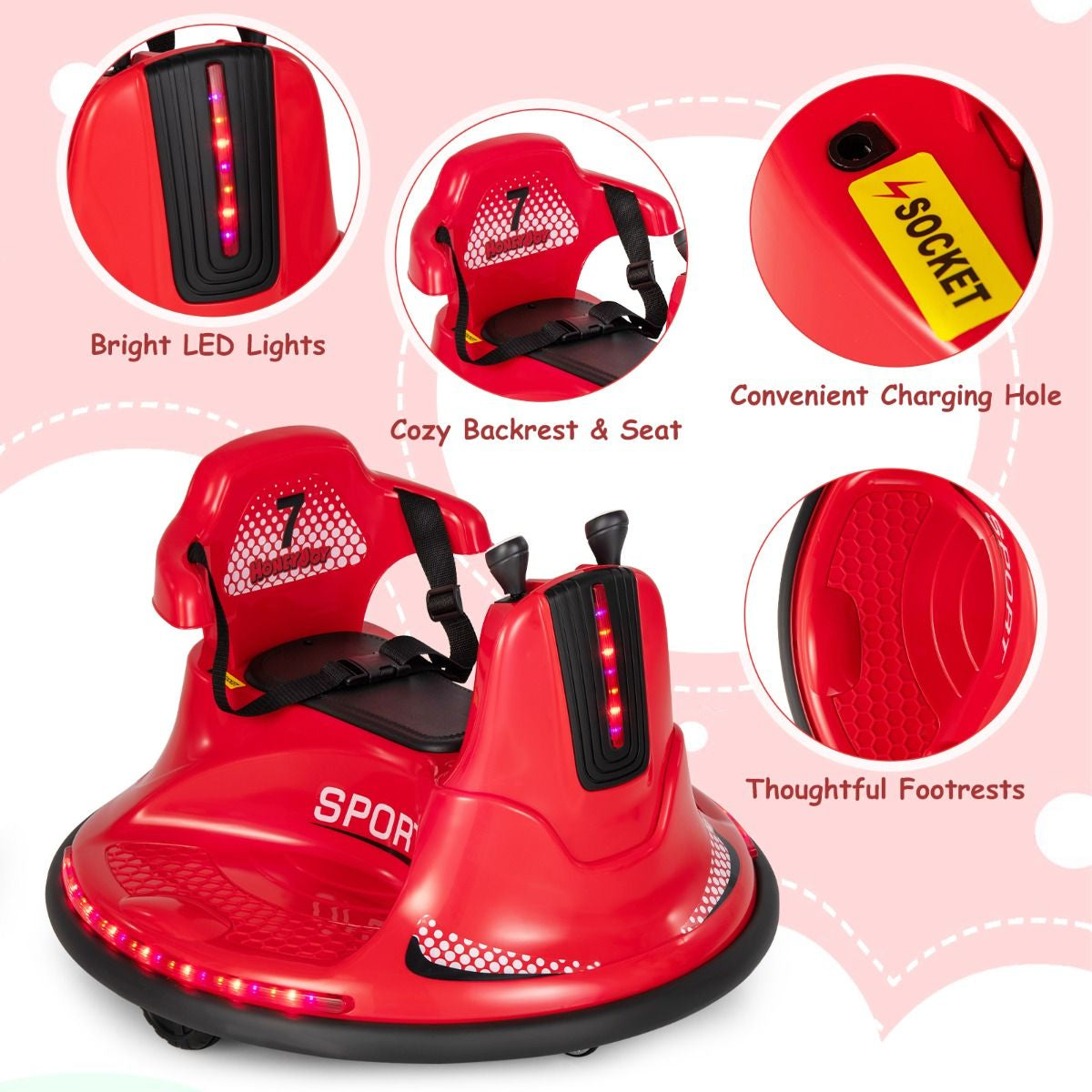 SEDOL 12V High-Performance Kids Bumper Car with 360° Zero-Turn Dual Joysticks Parental Remote Control LED Surround Lighting and Integrated USB/Story Hub