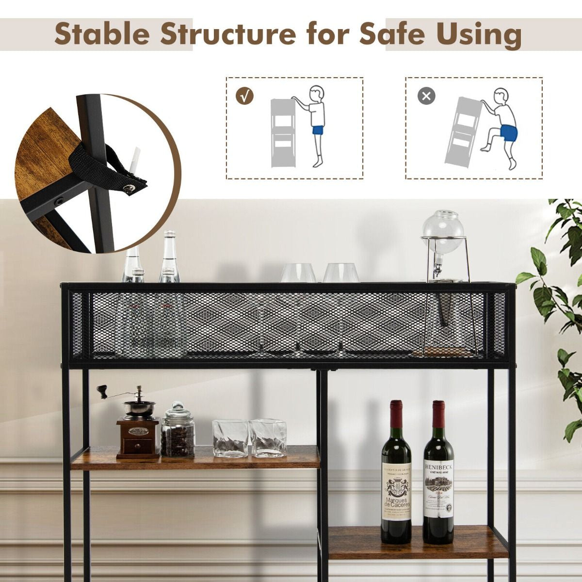 4-Tier Console Table with Wire Basket and Storage Shelves