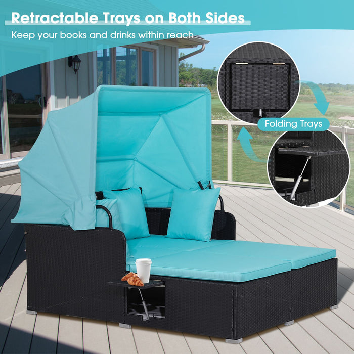 Rattan Daybed with Retractable Canopy, Cushions & Side Trays