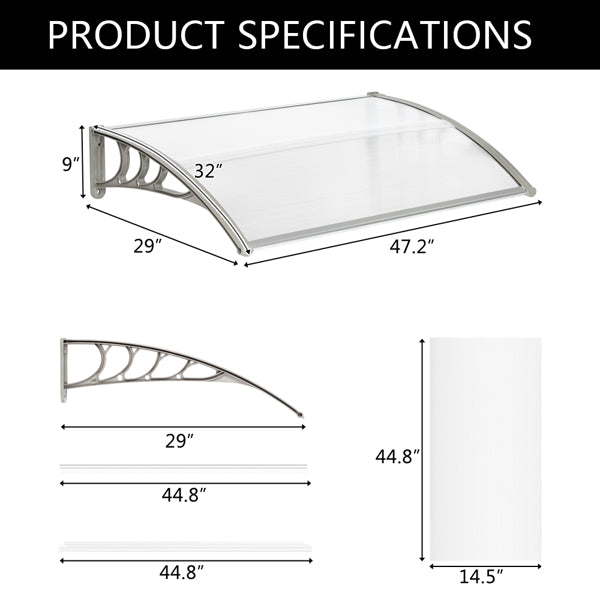 120x80cm Door Canopy – Outdoor Rain Cover Awning for Front Door, Window or Patio (White/Grey)