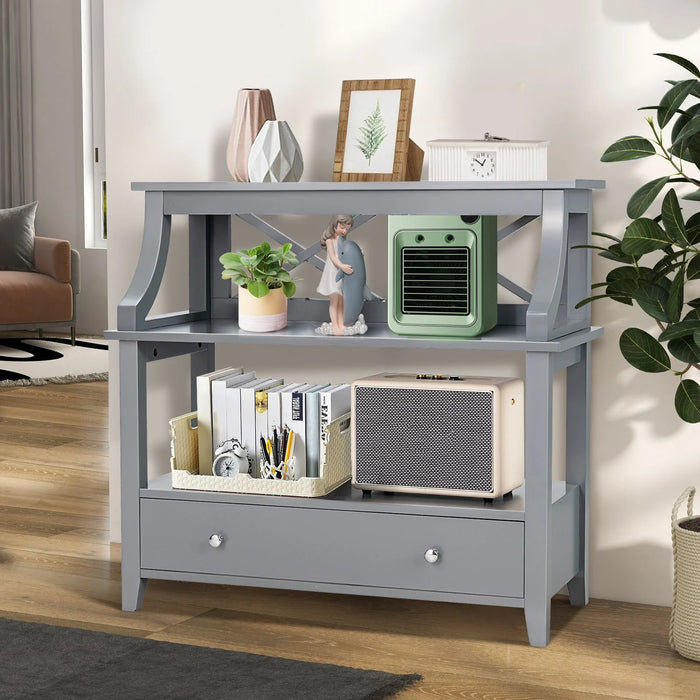 3-Tier X-Shaped Console Table with Drawer and Open Storage Shelves
