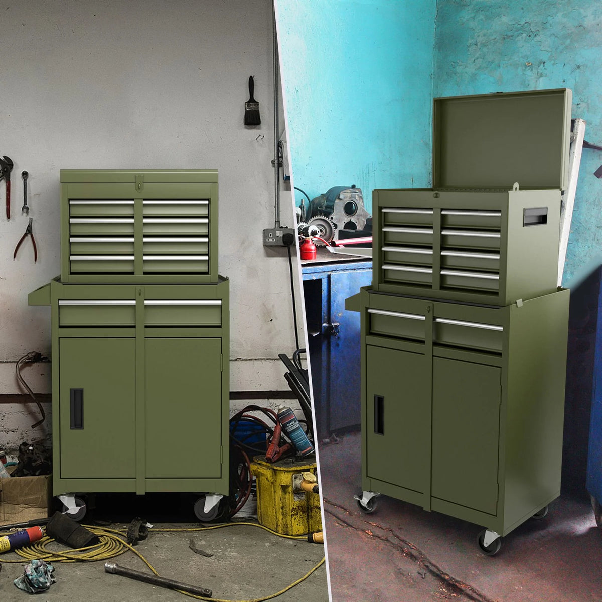 High-Capacity Rolling Tool Cabinet – Lockable Wheels, Metal 2‑in‑1 Chest & Base