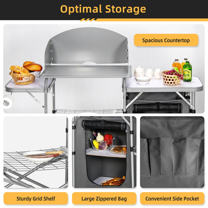 Camping Kitchen Table with Storage & Windscreen – Folding BBQ & Prep Station