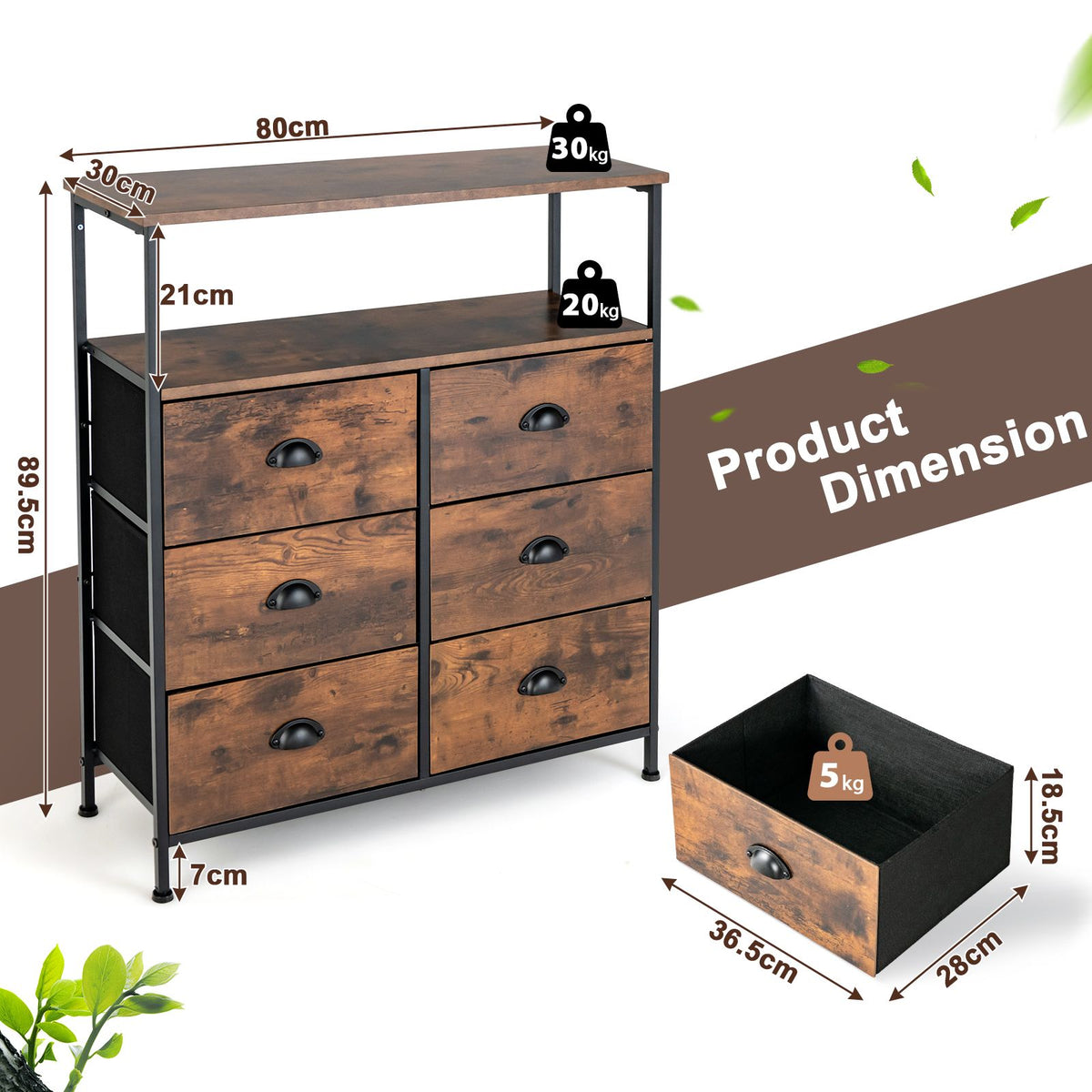 2-Tier Dresser with 6 Removable Fabric Drawers and Wooden Top