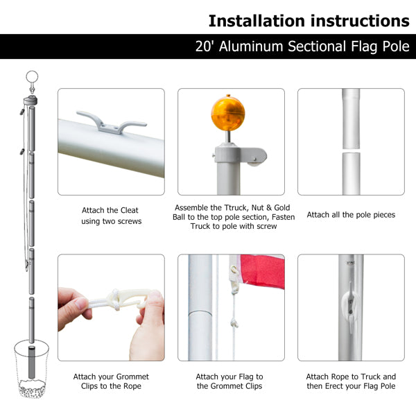 20FT Telescopic Aluminium Flagpole – Outdoor Retractable Splicing Pole with Rotating Rings & Ground Mount