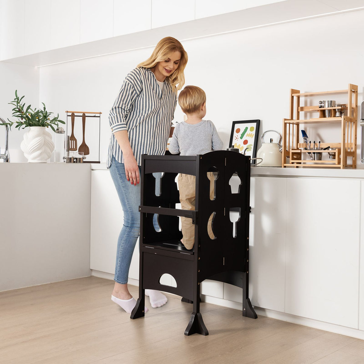 SEDOL Folding Montessori Learning Tower for Toddlers Space-Saving Height Adjustable Kitchen Helper Stool with Safety Latches and Full-Surround Guardrails