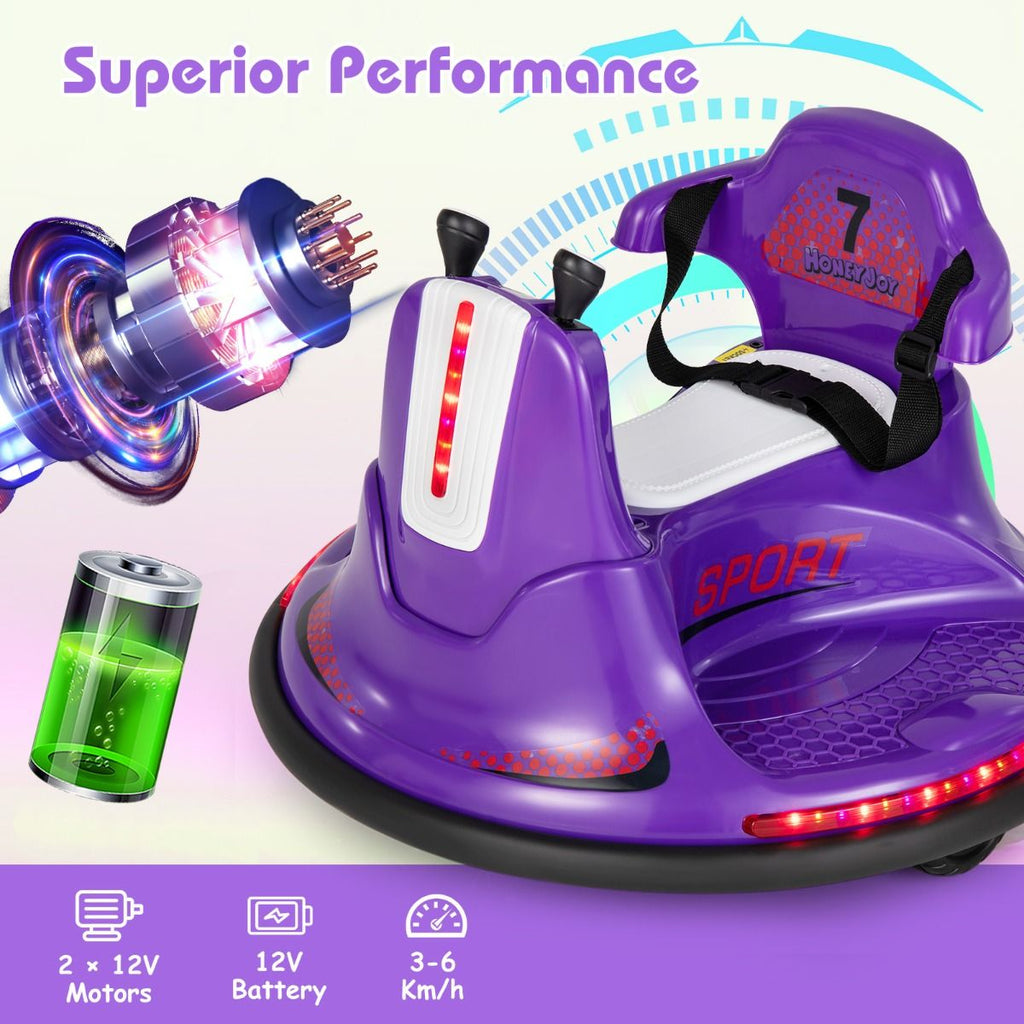 SEDOL 12V High-Performance Kids Bumper Car with 360° Zero-Turn Dual Joysticks Parental Remote Control LED Surround Lighting and Integrated USB/Story Hub