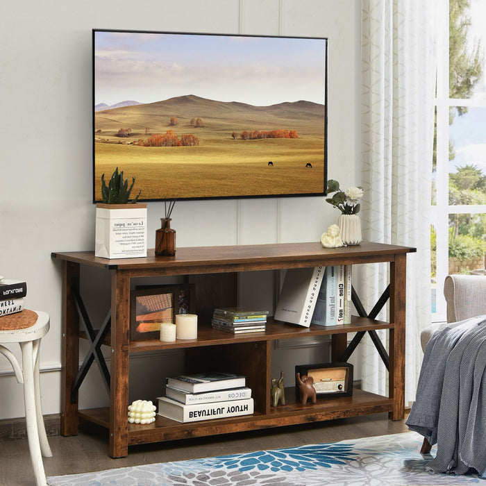 3-Tier Rustic TV Stand with Open Shelves and Cable Management