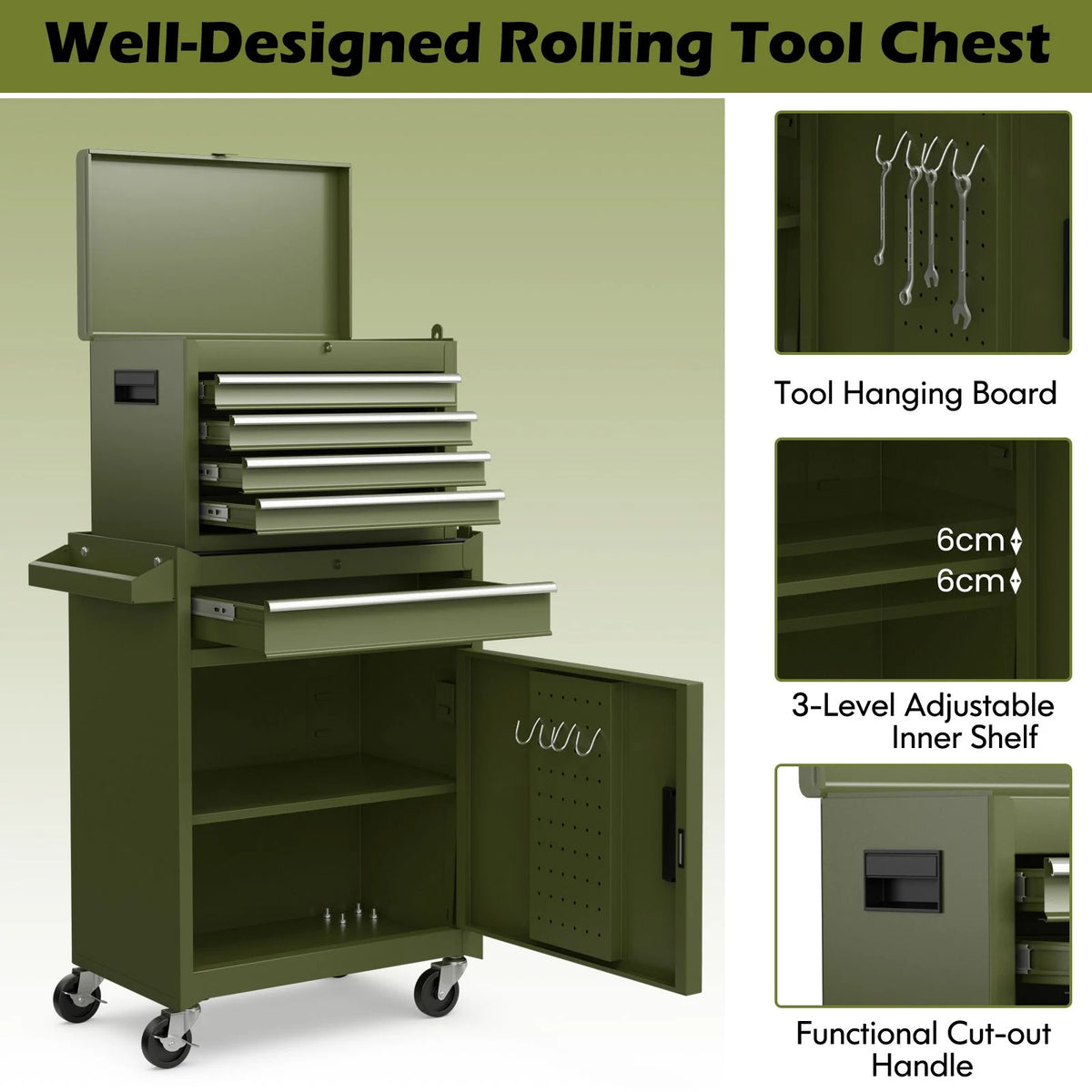 High-Capacity Rolling Tool Cabinet – Lockable Wheels, Metal 2‑in‑1 Chest & Base