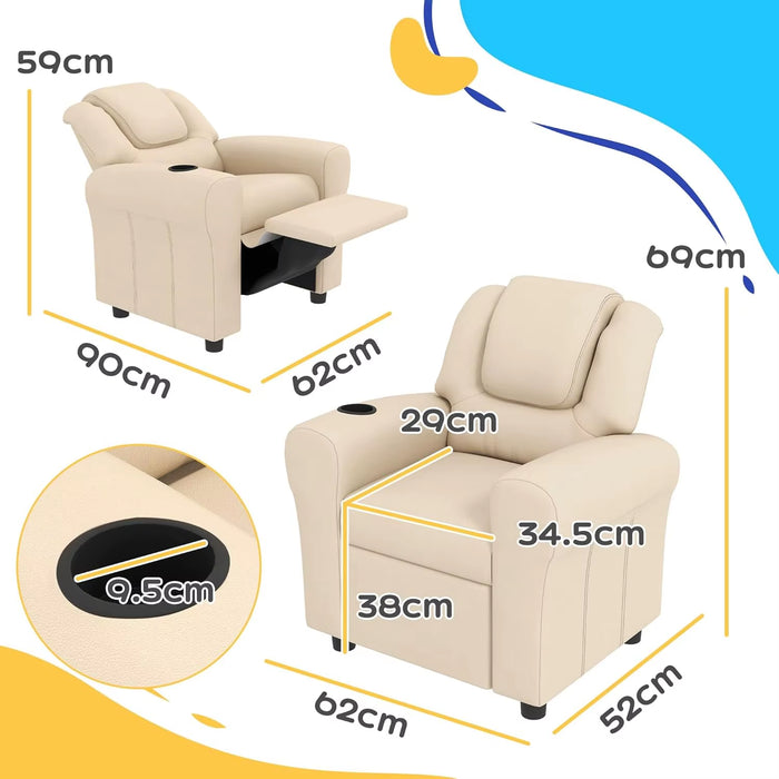 SEDOL Kids Recliner Armchair with Built-In Cup Holder Premium PU Leather Children’s Sofa with 150° Adjustable Backrest and Padded Headrest for Playroom & Living Room