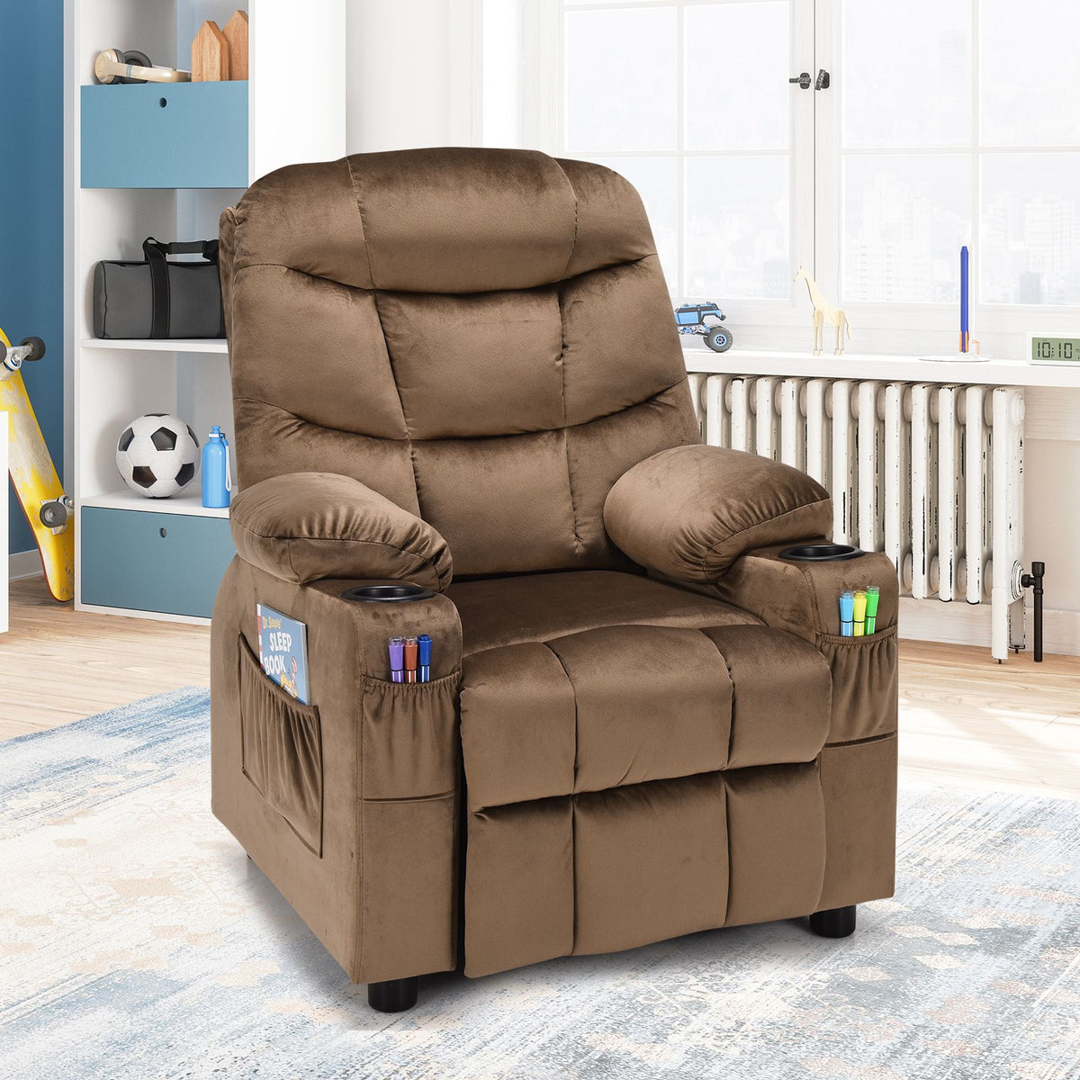 SEDOL Deluxe Larger Kids Recliner Armchair with Dual Cup Holders and Storage Pockets Premium Velvet Children’s Lounge Chair with 130° Adjustable Backrest & Pine Wood Frame
