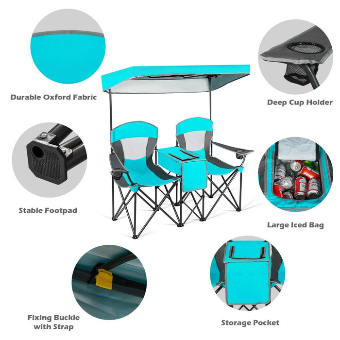 Double Folding Camping Chair with Canopy and Armrests