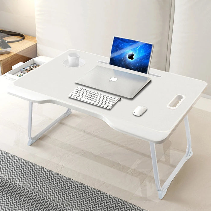 Foldable Laptop Bed Desk – Portable Ivory White Lap Table with Drawer, Cup Holder & Tablet Slot