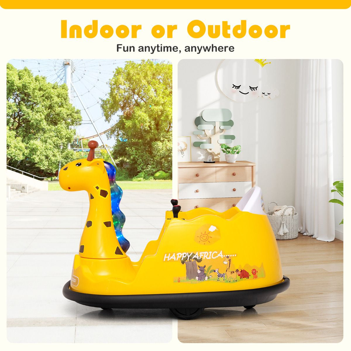 SEDOL 12V Giraffe Series Toddler Bumper Car with 360° Zero-Turn Dual Joysticks Parental Remote Control and Integrated LED Sensory Light Show