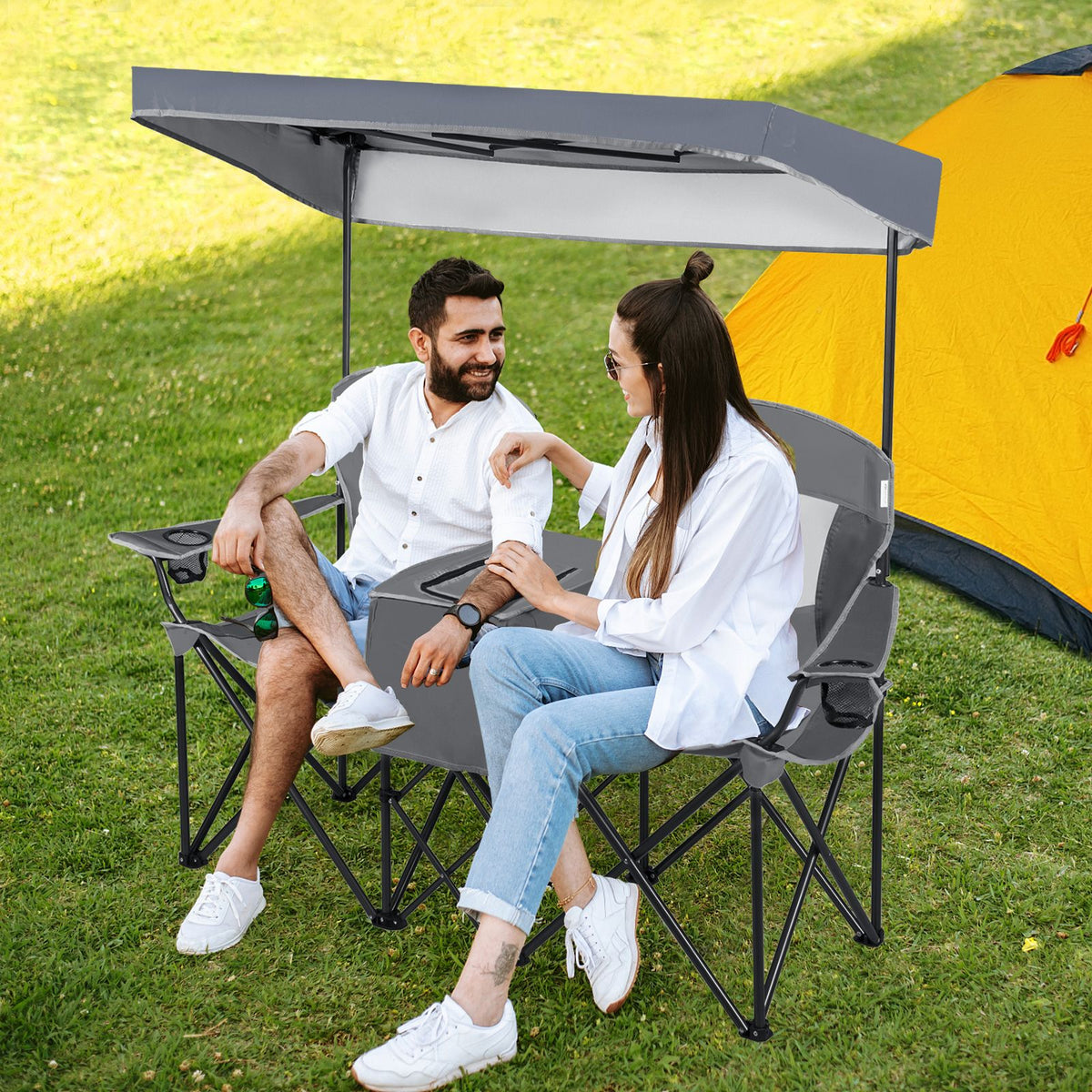 Double Folding Camping Chair with Canopy and Armrests