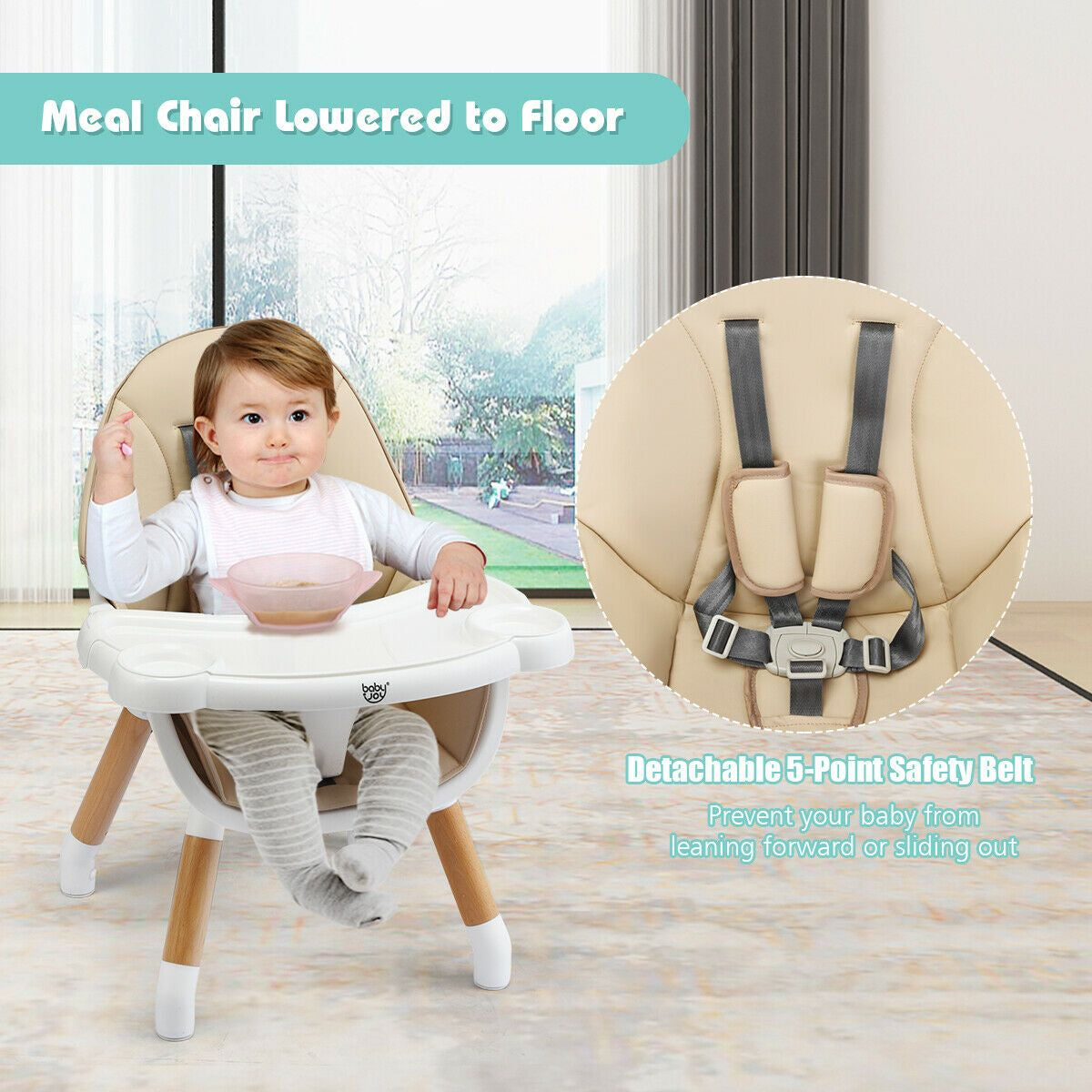 SEDOL 4-in-1 Mid-Century Modern Baby High Chair & Integrated Play Table Set with Solid Beech Legs 5-Point Safety Harness and Adjustable 4-Position Tray