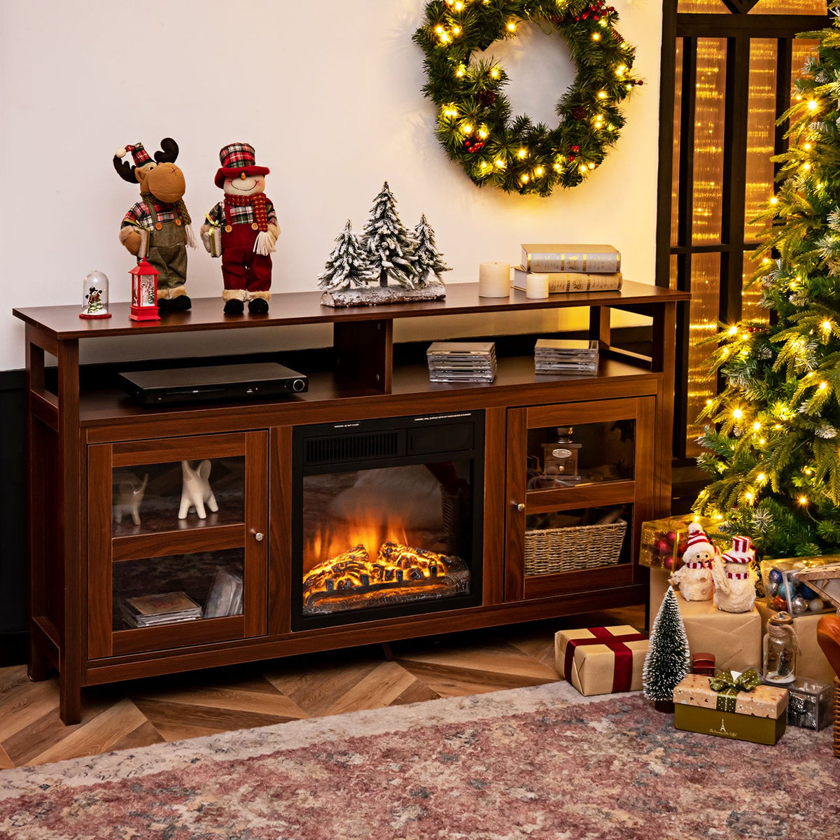 Living Room Console Table for Tvs with Wooden Fireplace and 2 Cabinets