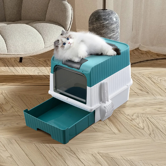 UV Sterilising Cat Litter Box – Fully Enclosed Large Capacity Litter Tray with Top Entry, Front Exit, Drawer Design & Scoop